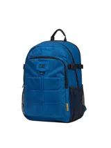 Mochila Caterpillar modelo Barry Backpack color azul, con diseño estampado geométrico sutil. Cuenta con compartimento principal amplio, bolsillo frontal con organizador, bolsillos laterales de malla, correas laterales de compresión y logo de la marca en el frente.