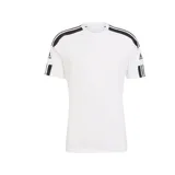Remera deportiva Adidas Squadra 21 blanca con tres tiras negras en hombros y mangas. Confeccionada en poliéster reciclado con tecnología Aeroready.