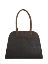 Cartera tipo bowling de cuero 100% natural, color marrón oscuro, con doble asa de hombro y diseño grabado con motivos de hojas.