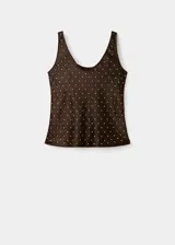 Top sin mangas de escote redondo, confeccionado en tejido satinado color bronce con apliques de cristales brillantes. Presenta un corte recto y ajuste entallado.