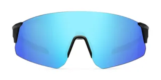 Gafas de sol Dua con diseño ciclista, estructura sin montura y lentes reflectantes celestes. Montura negra.