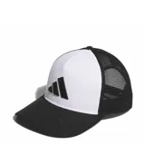 Gorra tipo trucker Adidas con frente blanco, visera negra y paneles traseros de malla negra. Presenta el logo de la marca bordado en el frente.