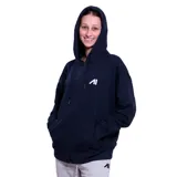 Campera deportiva de color azul marino con capucha, cierre frontal completo y bolsillos tipo canguro. Presenta un pequeño logo estampado en el pecho y puños acanalados.