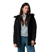Campera tipo parka para mujer, color negro, con tecnología impermeable y transpirable. Cuenta con capucha ajustable forrada en sherpa con borde de piel sintética, cierre frontal bidireccional, cintura ajustable y múltiples bolsillos con cremallera. Incluye puños interiores acanalados para mayor protección contra el frío.