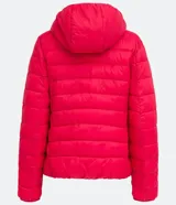 Campera puffer ultra ligera de Blue Steel, color rojo, con capucha, cierre frontal y bolsillos laterales con cremallera. Diseño acolchado con relleno sintético.