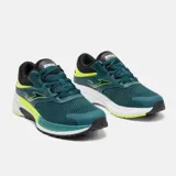 Championes de running Joma modelo Active, color petróleo con detalles en verde lima y blanco. Confeccionados en malla transpirable y refuerzos sintéticos, con suela de goma amortiguada.