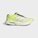 Championes de running Adidas Adizero Boston 13, color amarillo neón con detalles en blanco y violeta. Presentan un diseño aerodinámico con tecnología de amortiguación Lightstrike y LightstrikePro, y suela con compuesto Continental para mayor tracción.