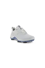 Championes de golf Ecco modelo Biom G5, color blanco con suela celeste y detalles en gris.