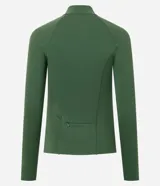 Campera deportiva Get Over entallada, confeccionada en microfibra verde militar, de manga larga, con cuello alto, cierre frontal completo y un práctico bolsillo trasero.
