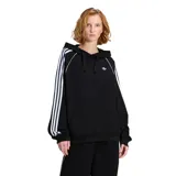 Canguro Adidas negro con capucha ajustable, cordones blancos, bolsillo canguro frontal, logo Trefoil bordado en el pecho y las clásicas tres tiras blancas en las mangas.