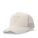 Gorro tipo trucker de Tiffosi, confeccionado en pana color beige con panel frontal estructurado y parte trasera de malla. Presenta un logo bordado en relieve en el frente.