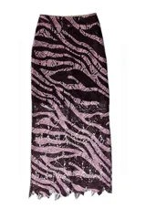 Falda midi de encaje con estampado de cebra en tonos rosa y marrón.