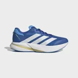 Championes de running Adidas modelo Duramo Speed 2, color azul con las tres tiras laterales en blanco y detalles en amarillo claro. Presentan tecnología de amortiguación Lightstrike en la entresuela y suela de caucho para mayor tracción.