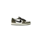 Championes Nike Jordan 1 Retro Low OG, modelo Medium Olive, con base blanca, superposiciones en verde militar y detalles en negro.