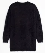 Buzo de tejido peluche negro con cuello redondo y manga larga. Presenta un estampado frontal en rojo que dice "BAD FOR YOU", donde la palabra "YOU" está reemplazada por un corazón.