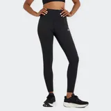 Calza deportiva New Balance de tiro alto, color negro liso, con pequeño logo reflectante en el muslo.