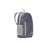 Mochila Nike Elemental color azul con patrón geométrico multicolor y detalles en beige. Incluye un compartimento principal con cierre, bolsillo frontal vertical con cierre, bolsillos laterales de malla y una cartuchera removible a juego.