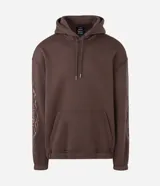 Buzo marrón con capucha y cordones de ajuste, confeccionado en mezcla de algodón y poliéster, con diseño holgado y bolsillo canguro.