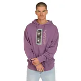 Canguro lila con capucha, cordones ajustables, bolsillo tipo canguro y puños y cintura acanalados. Estampado frontal con diseño de ojos y detalles gráficos.