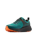 Calzado de trekking Columbia modelo Konos Trs Outdry, color verde azulado con detalles en negro y suela naranja. Diseñado para senderismo con tecnología impermeable OutDry y suela Omni-Max para mayor tracción y amortiguación.