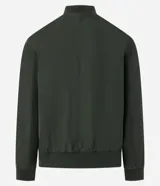 Campera bomber negra para hombre, confeccionada en poliéster con cierre frontal de cremallera, cuello, puños y dobladillo elásticos acanalados, y bolsillos laterales.