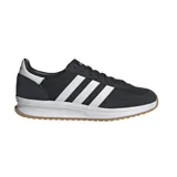 Championes Adidas Run 72 negros con detalles en blanco, confeccionados en gamuza y tela, con las tres tiras características de la marca en los laterales y suela blanca con base marrón.