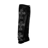 Pantalón de jean negro de corte flare, con diseño de cruces formadas por apliques de strass a lo largo de las piernas.