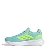 Championes de running Adidas modelo Runfalcon 5, con tecnología Cloudfoam en la entresuela para mayor amortiguación. Presentan un diseño en color verde agua con detalles en amarillo neón en los laterales y logo de la marca.