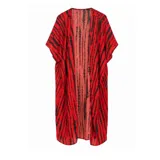 Kimono largo de diseño abierto, confeccionado en tejido ligero con estampado tie-dye en tonos rojo y negro, de corte holgado y mangas cortas amplias.