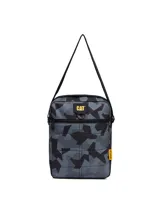 Bolso tipo bandolera Caterpillar modelo Ryan Shoulder Bag, con estampado geométrico en tonos grises y negros, correa ajustable y logo bordado de la marca en el frente.