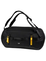 Bolso tipo duffel de Caterpillar en color negro, con detalles en amarillo y tiras ajustables. Cuenta con múltiples compartimentos, correas acolchadas y espacio para laptop.