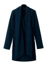 Vestido corto azul oscuro, de manga larga y escote en V, con detalle de bufanda integrada al cuello y fruncidos laterales en la falda.