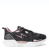 Championes deportivos de mujer con capellada de tejido técnico en color azul marino y negro, detalles en rosado y suela blanca con diseño texturizado.