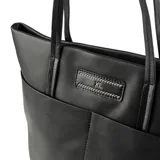 Cartera tipo tote bag de diseño clásico en símil cuero color negro, con doble asa fija, cierre superior y bolsillos externos abiertos.