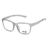 Anteojos de receta MDQ modelo T45 con armazón de acetato transparente en tono gris, de diseño rectangular y estilo clásico.