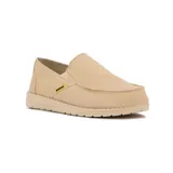 Zapato casual de hombre color beige, estilo mocasín, con elásticos laterales y logo de la marca en amarillo.