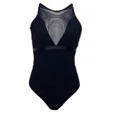 Bodysuit negro confeccionado con paneles de malla transparente, escote redondo con detalle de red en V y tira ajustable con hebilla en la cintura.