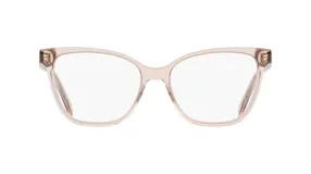 Anteojos de receta Ferragamo con armazón de acetato en tono rosado traslúcido, con diseño de forma cat-eye suave.
