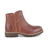 Bota corta de cuero color marrón, con suela de goma y cierre lateral.