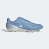 Championes de rugby Adidas modelo RS15 Pro FG en color celeste, diseñados para terreno firme. Presentan una parte superior de cuero Fusionskin sin costuras, cordones asimétricos para una mejor zona de impacto y suela Speedframe con tapones.