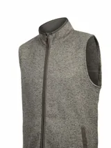 Chaleco de hombre de tejido tipo tweed o jaspeado en tonos grises y verdes, con cuello alto y cierre frontal completo. Presenta bolsillos laterales con ribete oscuro.