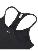 Musculosa deportiva Under Armour Vanish Racerback de color negro, con diseño de espalda deportiva y tirantes elásticos con la inscripción de la marca. Confeccionada en tejido transpirable, ligero y elástico con aberturas laterales en el bajo.