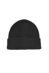 Gorro de invierno tipo beanie tejido en punto acanalado, con borde doblado.