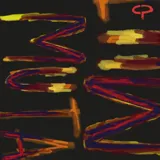 Pañuelo cuadrado con diseño artístico abstracto de trazos en tonos rojizos, amarillos y violetas sobre fondo negro.