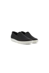Zapatillas Ecco Soft 7 sin cordones, de cuero negro con textura y suela blanca de goma.
