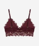Soutien tipo bralette de encaje floral color bordó, con breteles finos ajustables y relleno triangular.