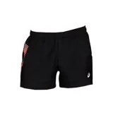 Short deportivo Asics de mujer, color negro con logo blanco y detalles de líneas diagonales en color salmón en el lateral. Confeccionado en tejido ligero de secado rápido y malla interior transpirable. Incluye bolsillo interior oculto.