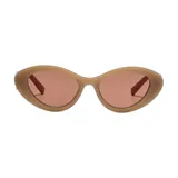 Lentes de sol unisex color beige con forma ovalada y lentes color rosa.