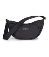 Bolso tipo bandolera de diseño curvo, color negro, con correa ajustable y cierre frontal con logo de la marca.