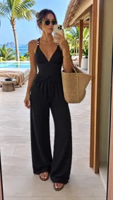 Pantalón tipo palazzo de tiro alto con cintura elástica y cordón ajustable. Confeccionado en tela texturizada con caída fluida y corte amplio.